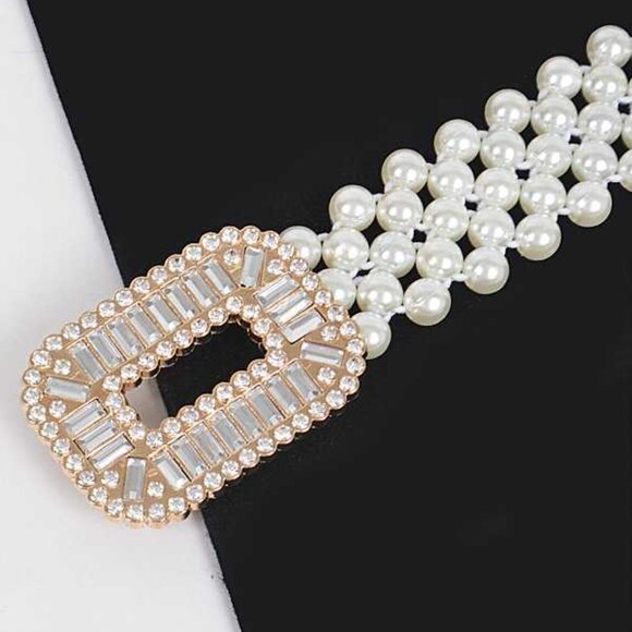 BNWT Brand New Crystal Buckle Faux Pearl Elastic Belt Bridal Belt Stretch Belt - Picture 4 of 5